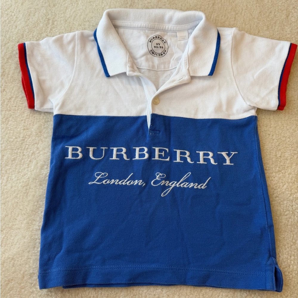 Burberry London Kids Collared Polo in Blue and White with Red Accents Stripes